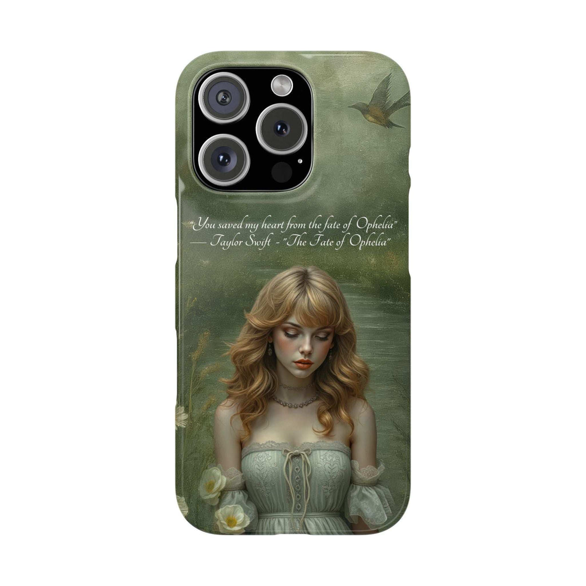 Green phone case with blonde girl artwork, bird, flowers, and camera cutouts.