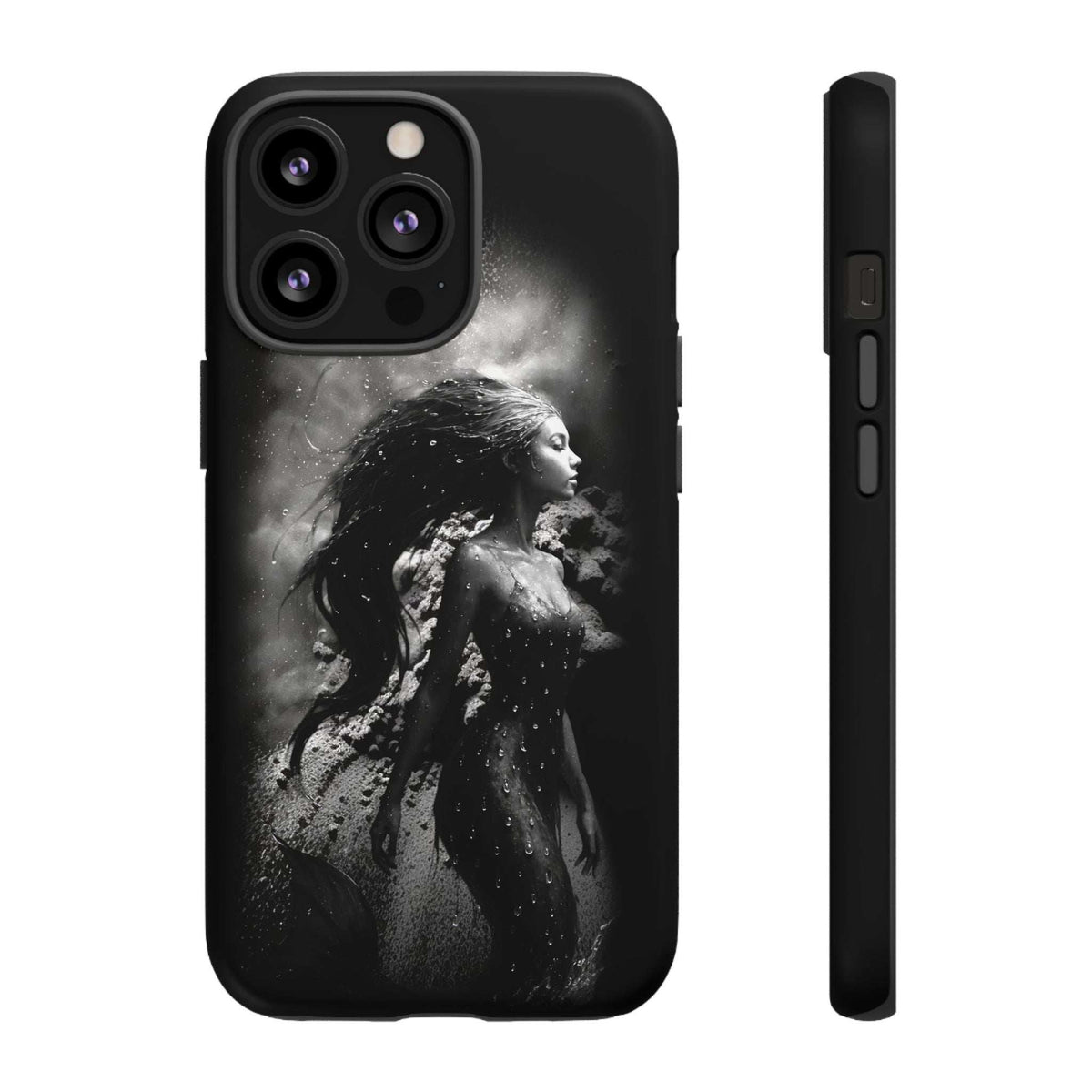 Black phone case with monochrome mermaid scene; tall side view highlights button openings
