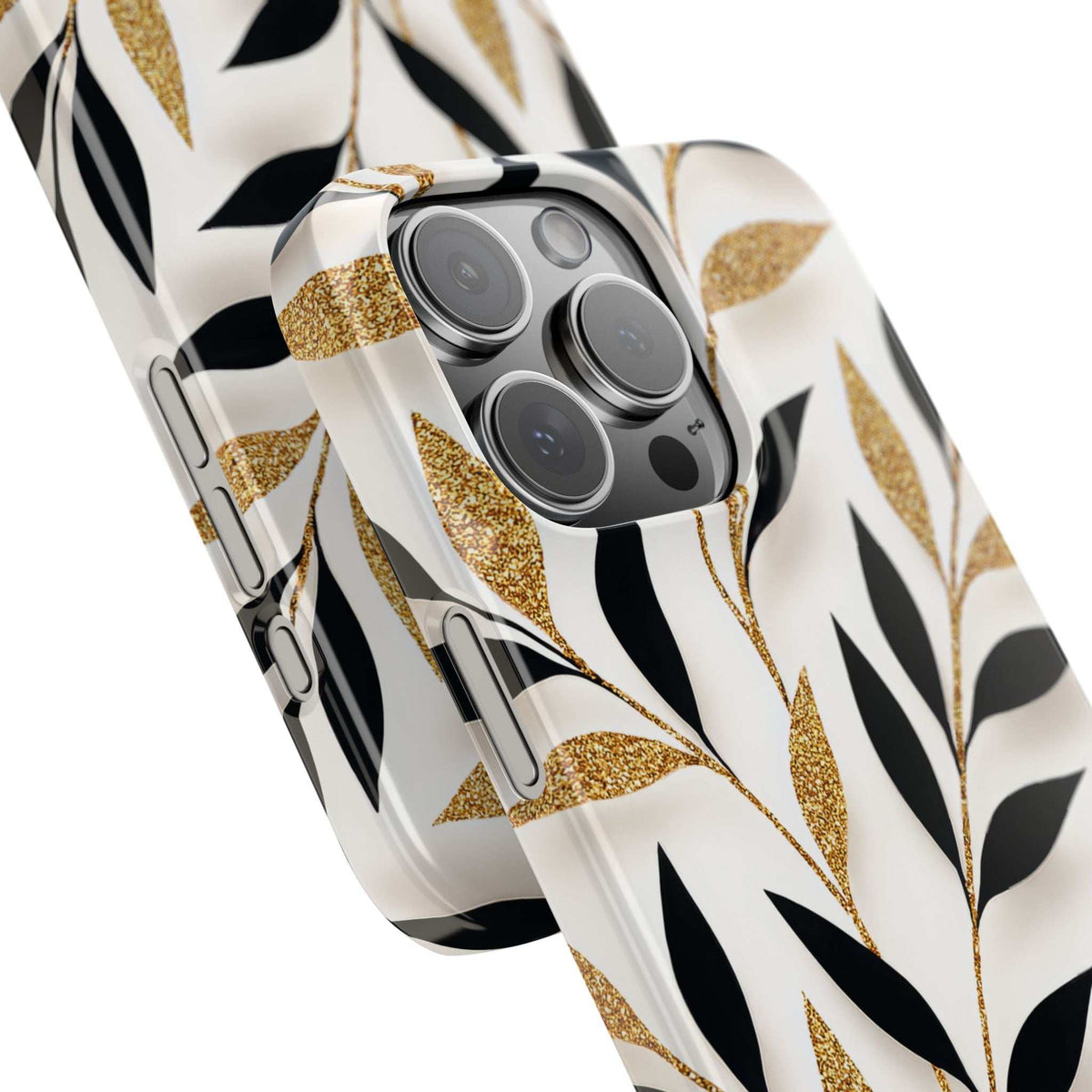 Phone case angled view with black leaf and gold glitter pattern over white
