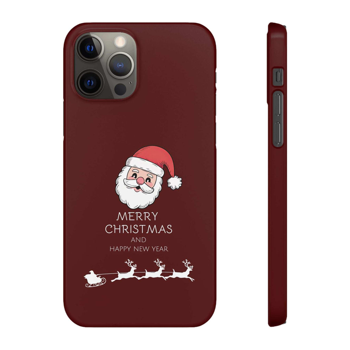 Maroon glossy phone case with Santa graphic and “MERRY CHRISTMAS AND HAPPY NEW YEAR,” speaker port