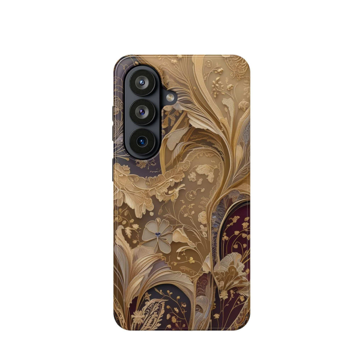 Botanical phone case with gold floral design, triple camera cutout, smooth protective edges