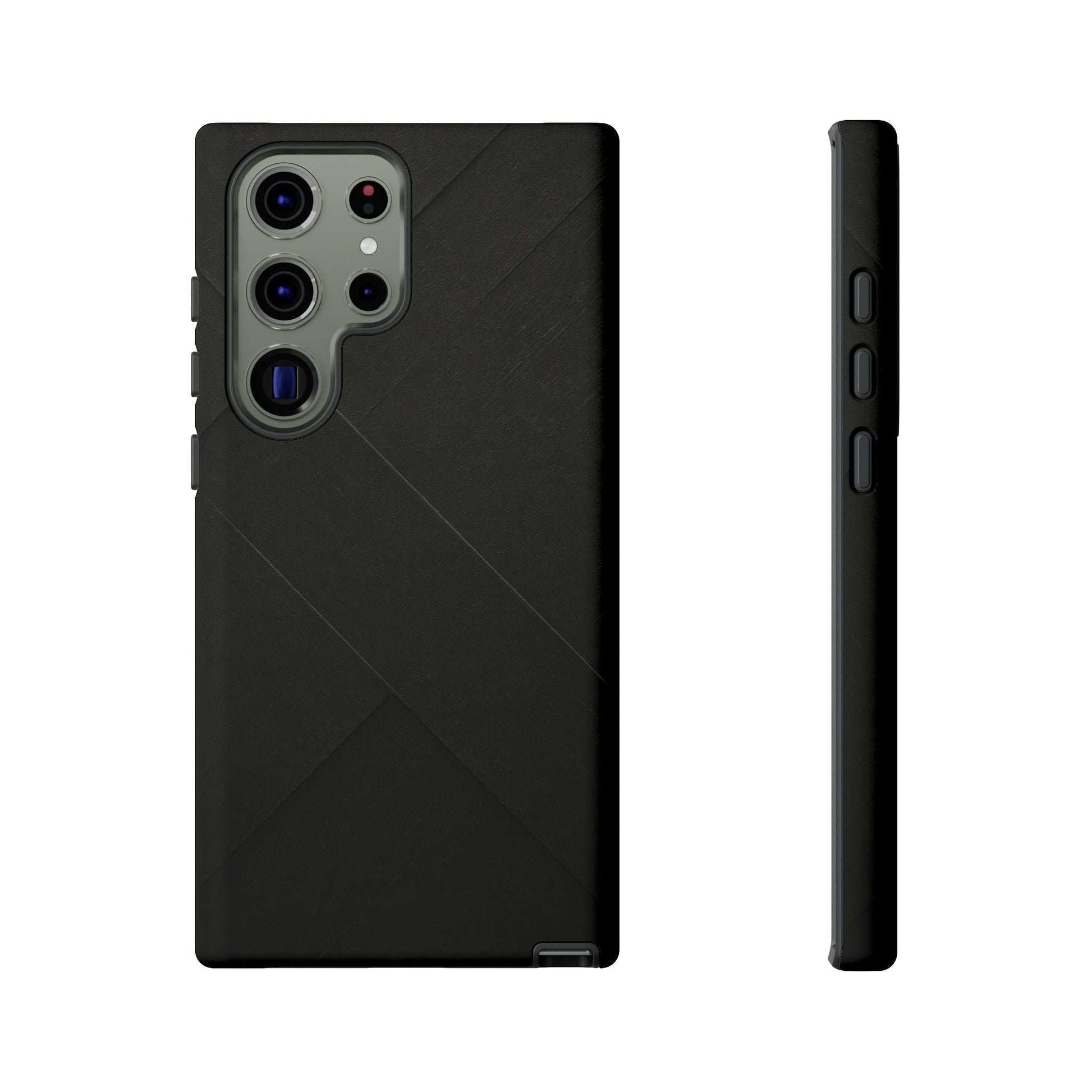 Matte black diagonal line phone case with camera openings and slim raised lip on edges.