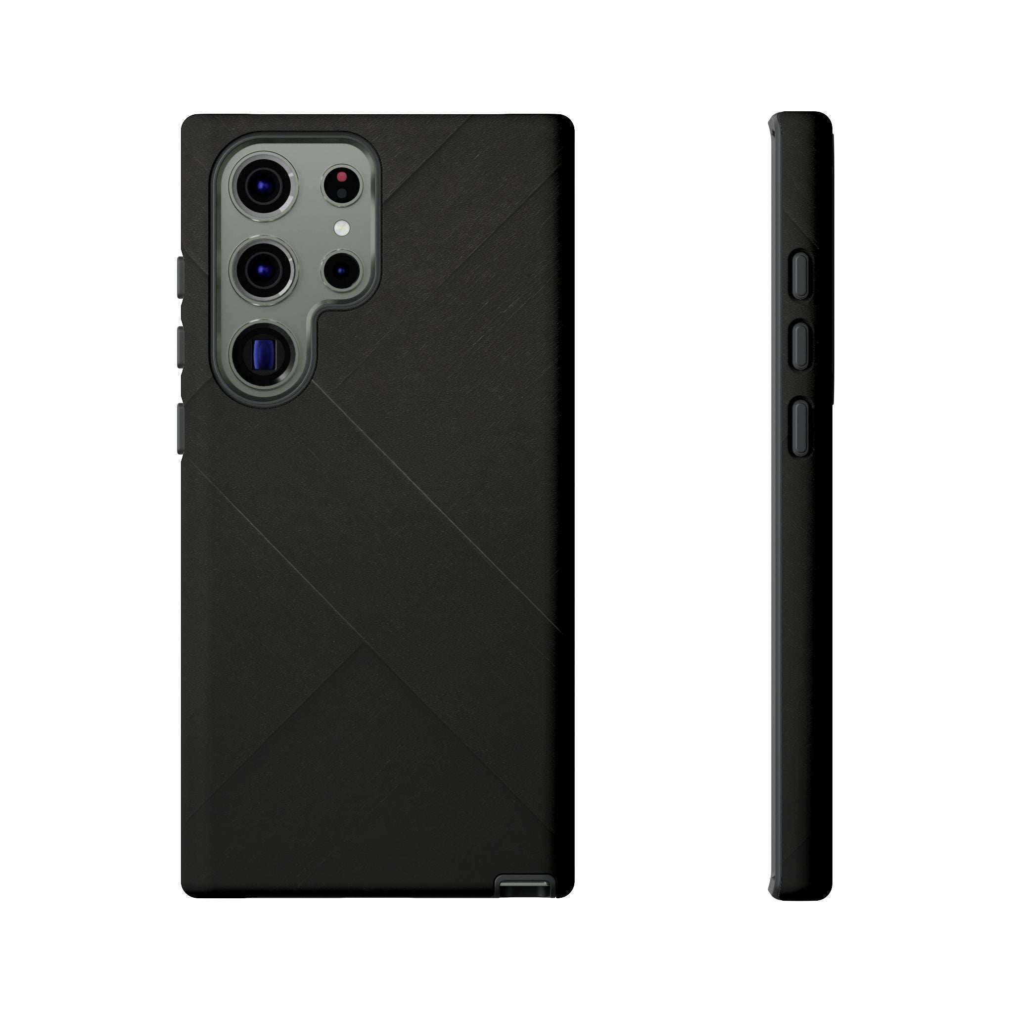 Matte black diagonal line phone case with camera openings and slim raised lip on edges.