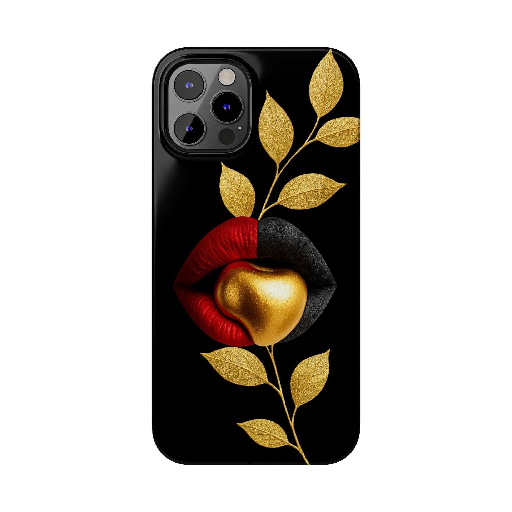 Black phone case with gold leaves, red lips, and gold heart detail