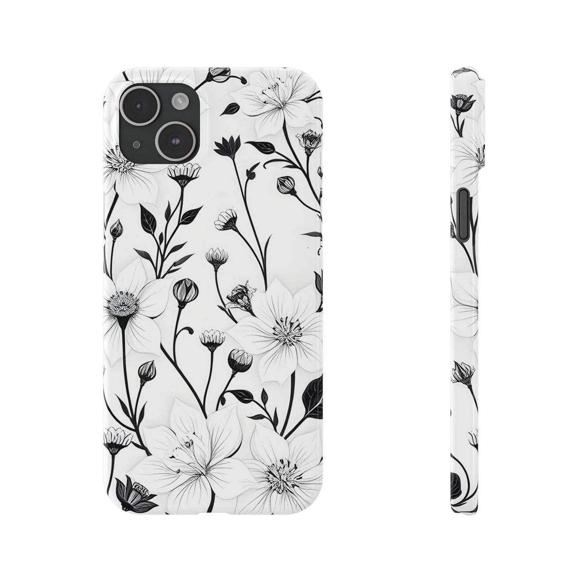 Monochrome bloom floral phone case on a white background with black flower outlines; side view