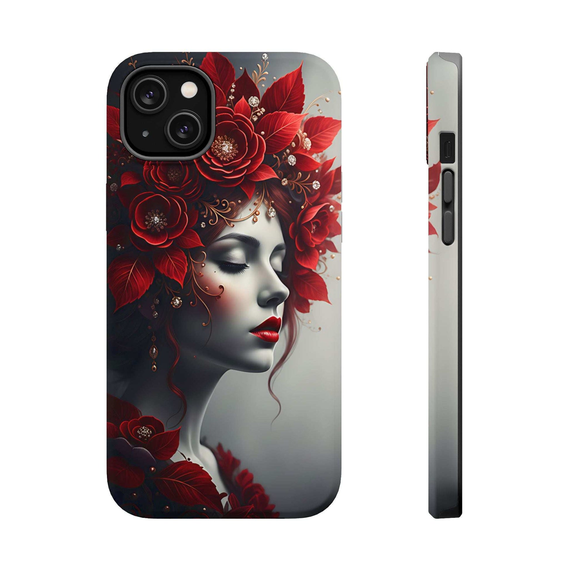Phone case featuring red rose floral portrait artwork; back with camera cutouts