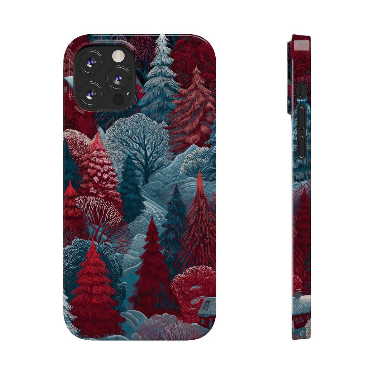 Phone case front and side view with winter forest pattern, raised camera module cutouts