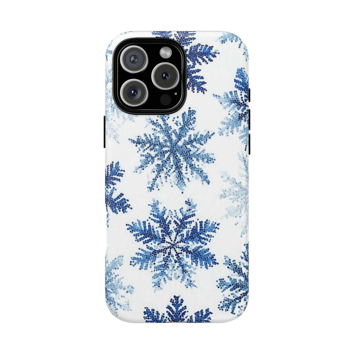 Snowflake phone case for iPhone 13-17, white with blue snowflake pattern, triple camera cutout