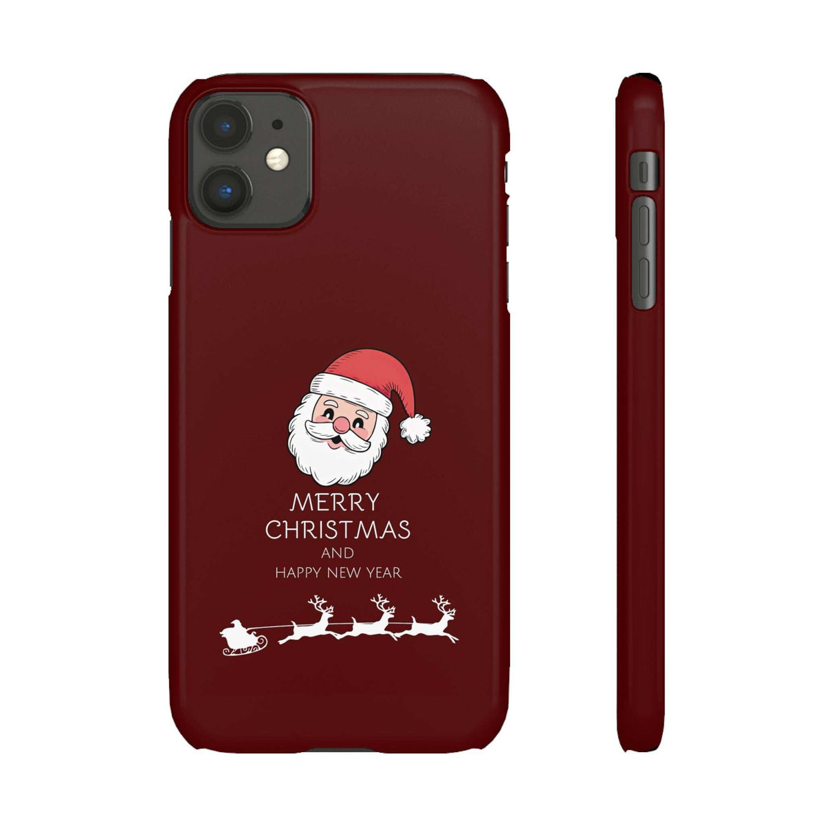 Red glossy phone case with Santa Merry Christmas graphic; camera cutout visible