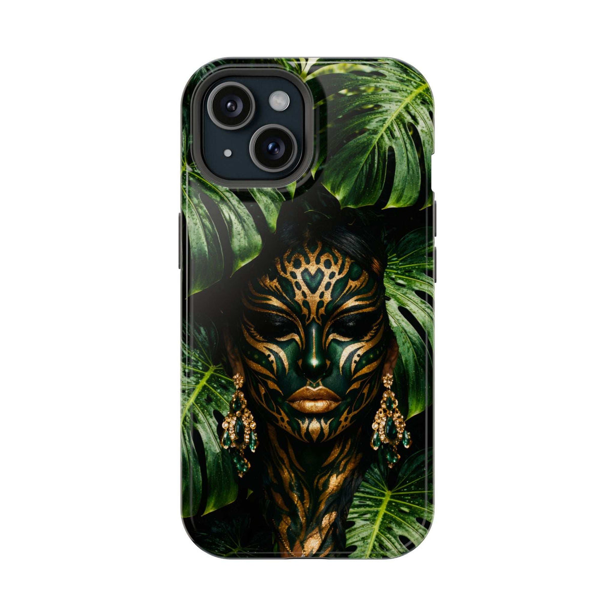 iPhone phone case with jungle leaves and golden masked face artwork, front view