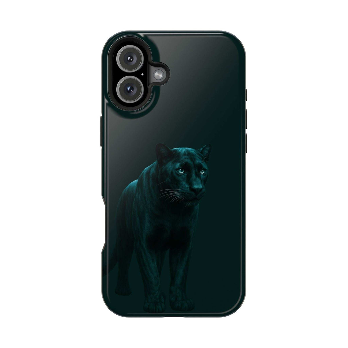 Black phone case with teal panther graphic, showing side buttons and camera cutouts