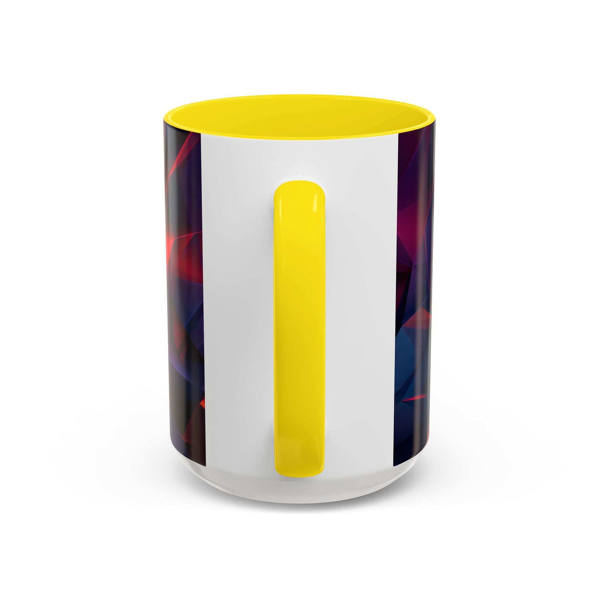 Ceramic mug with yellow handle and lid; white panel with yellow vertical accent
