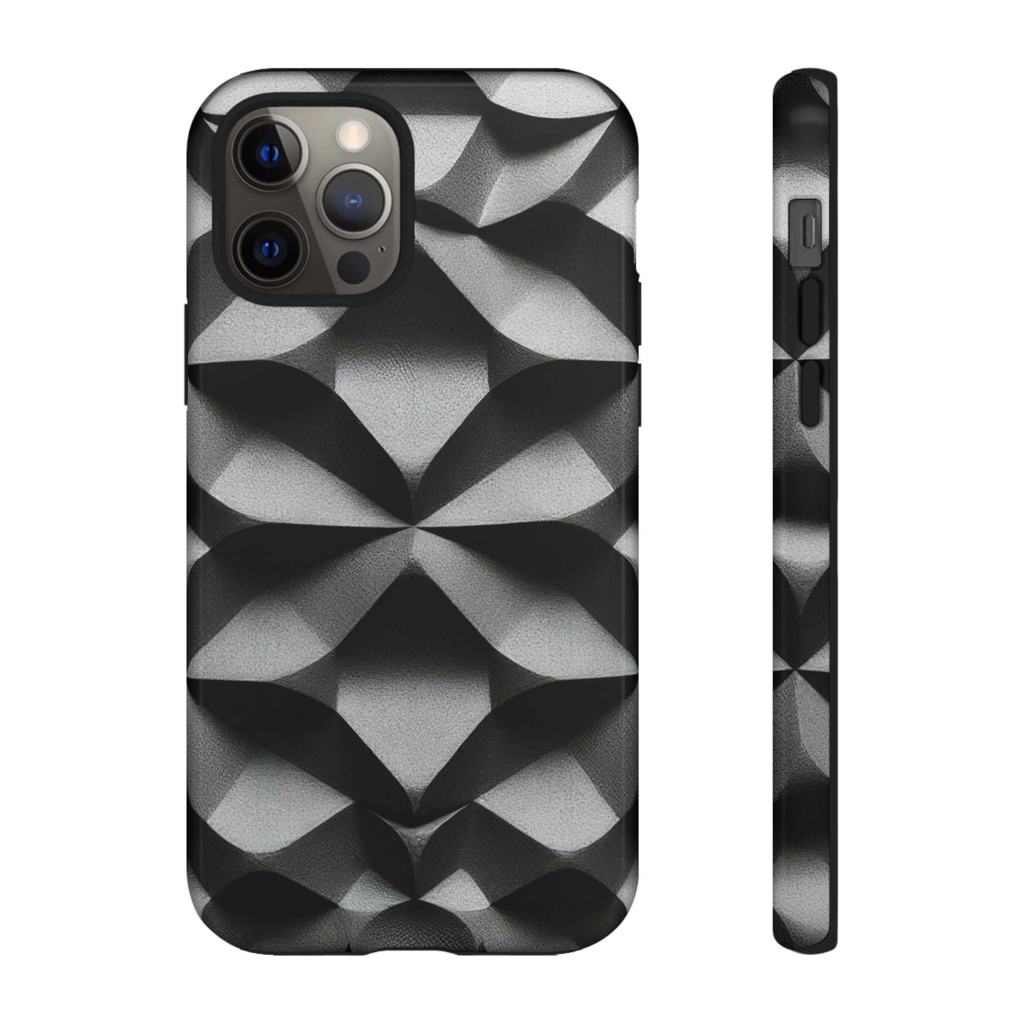 Black phone case with geometric diamond pattern, camera cutouts and lens openings
