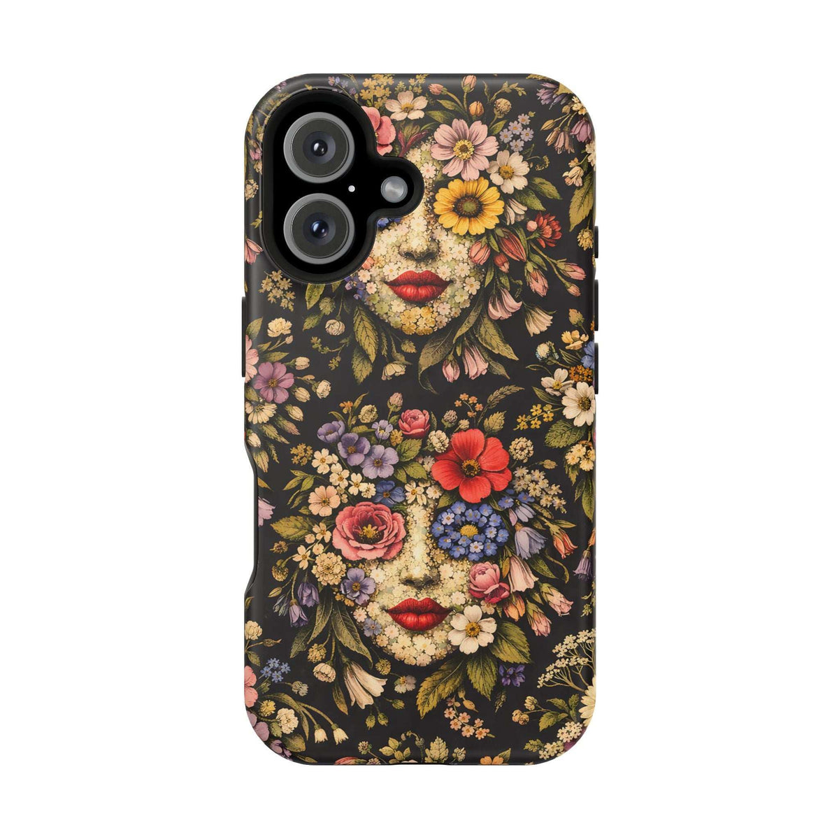 Phone case with vintage floral face illustration and blooming flowers on a dark background; camera cutouts