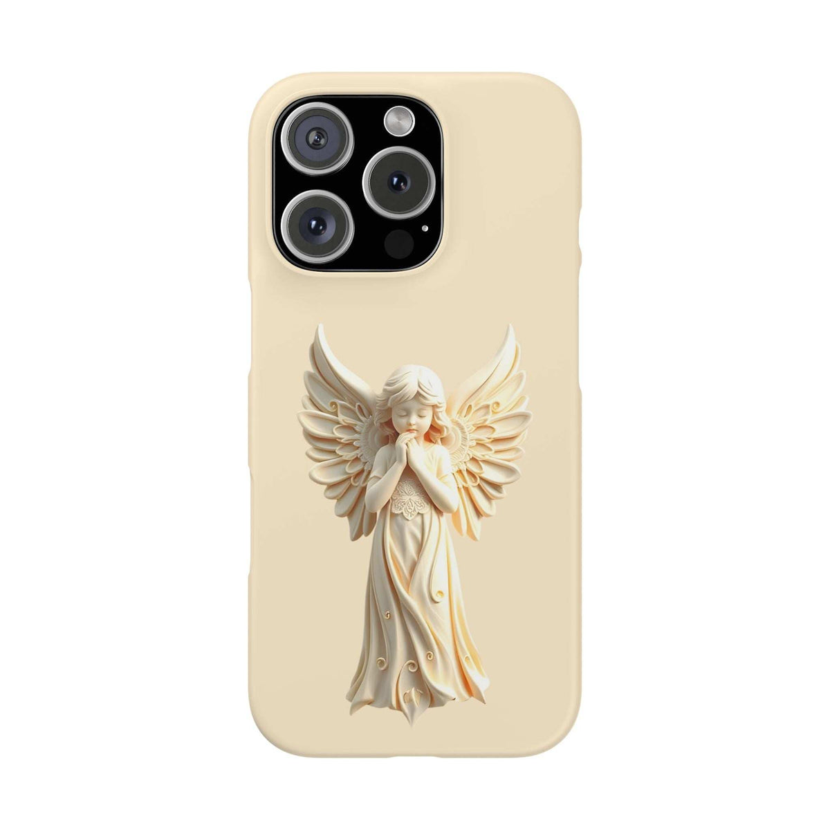 Beige phone case with 3D angel with wings, triple-lens camera cutout on top left
