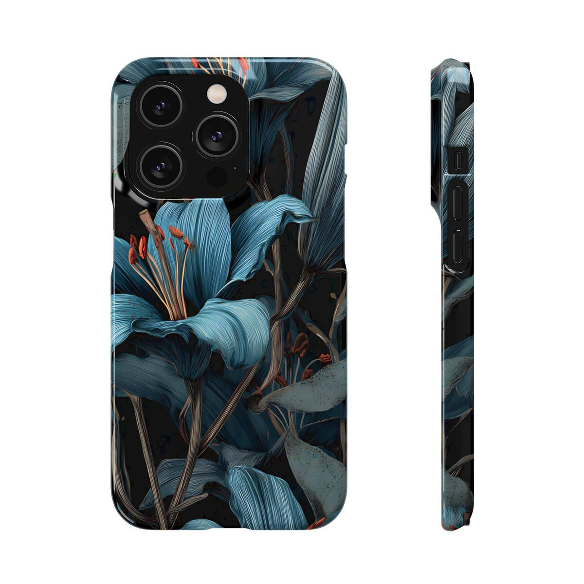 Phone case featuring blue tropical flowers and leaves, with camera openings on the back
