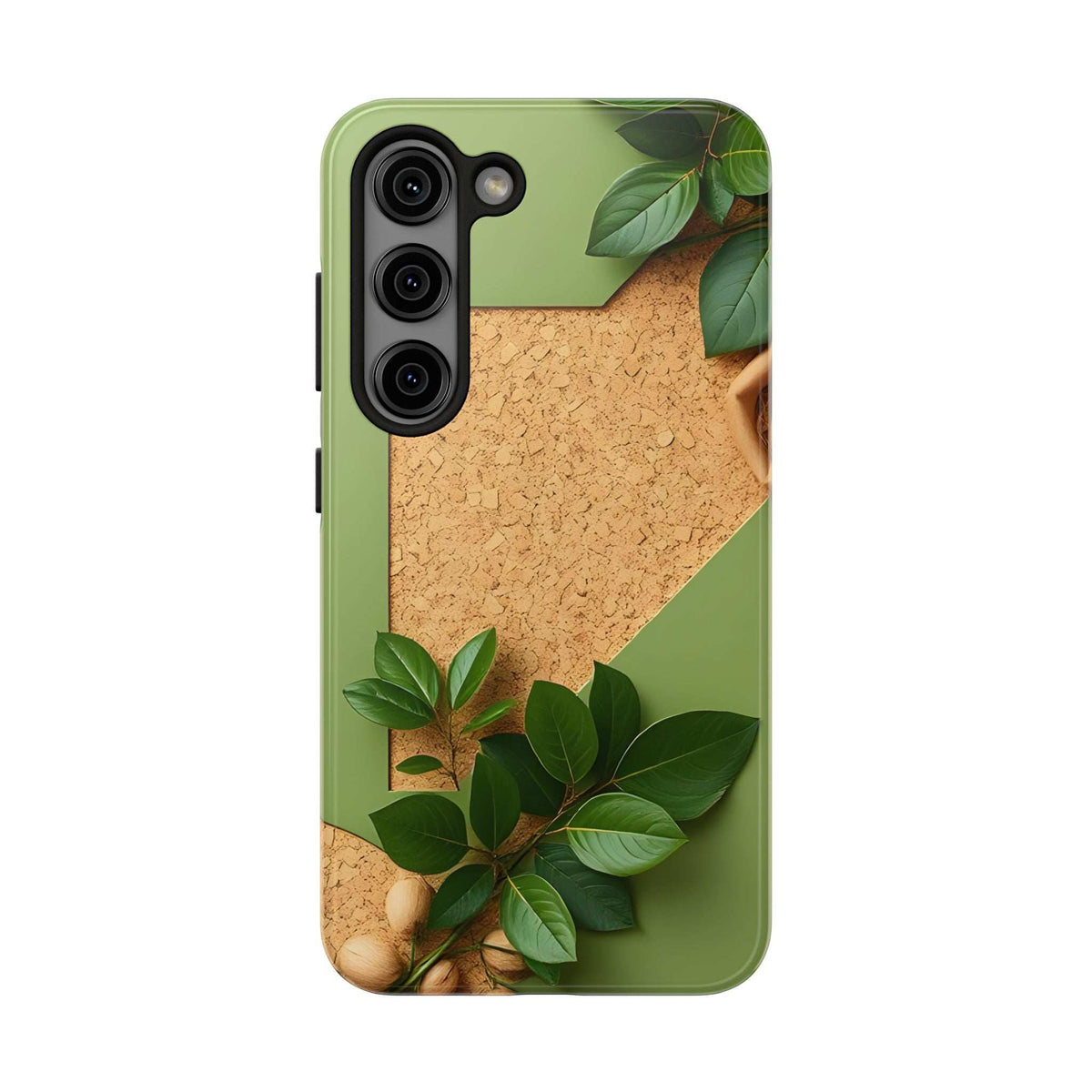 Olive green phone case with cork-look panel and leafy design; multiple camera cutouts