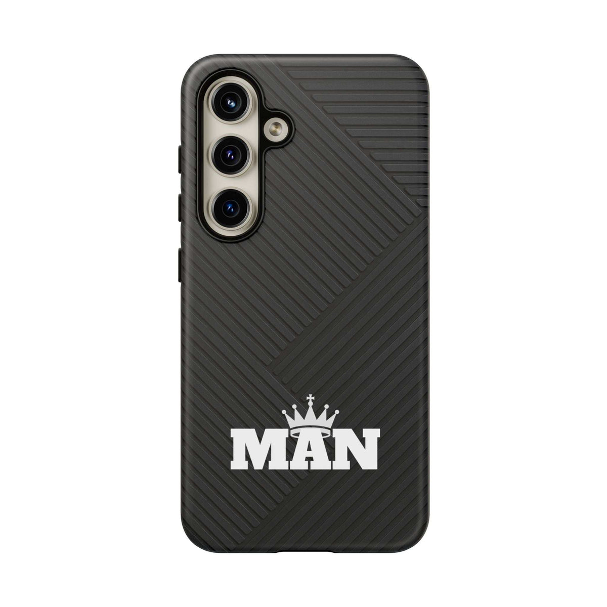 Black phone case with MAN logo, textured diagonal ridges, raised camera cutouts