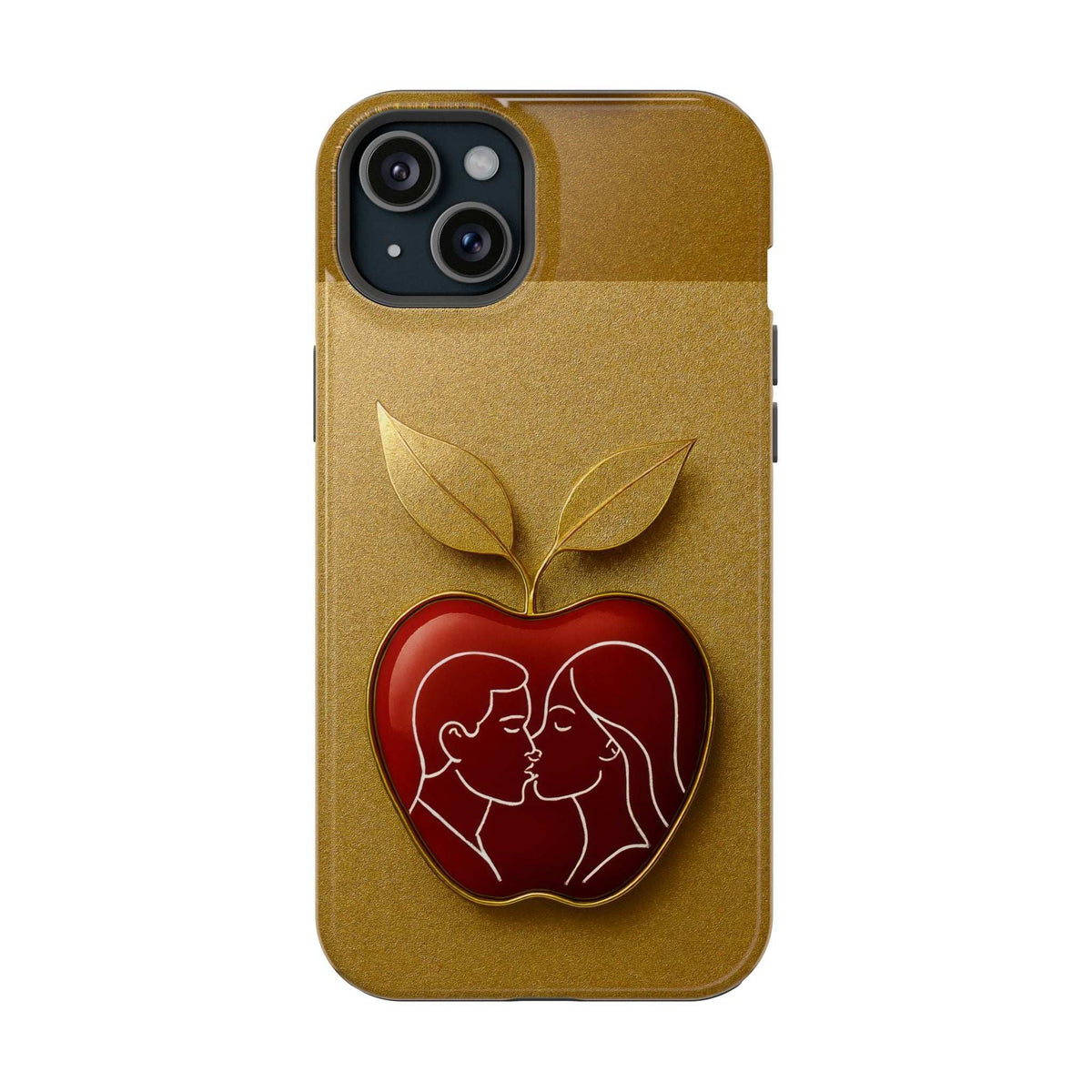 Gold iPhone case with leaf-and-heart apple couple design; back view centered