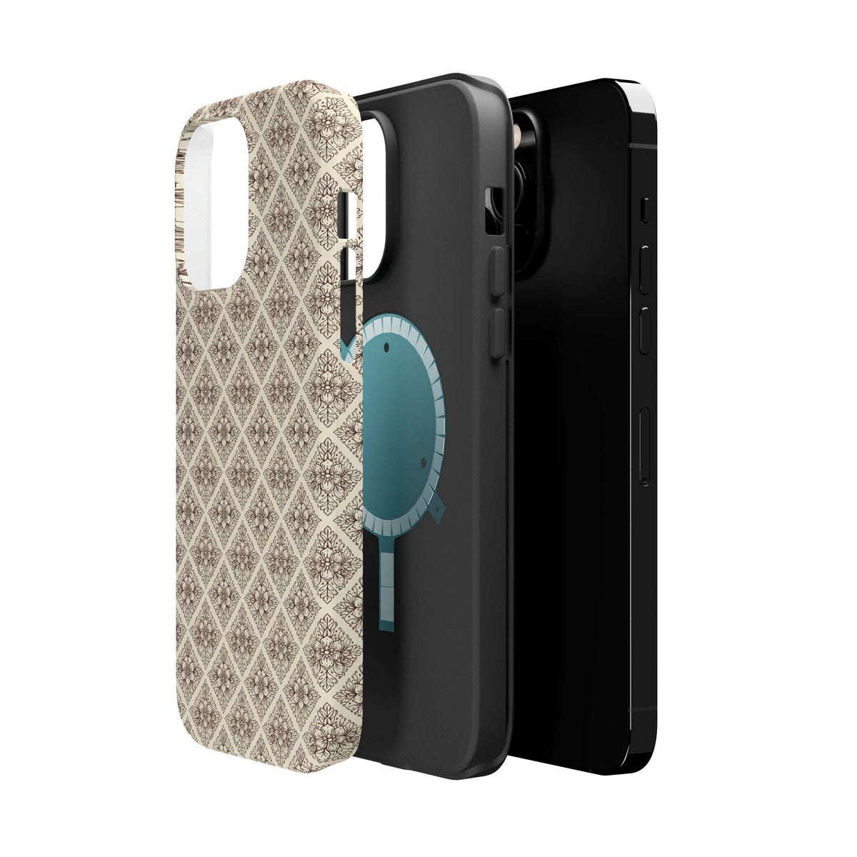 Beige patterned phone case with blue oval design, side-on view of buttons and openings