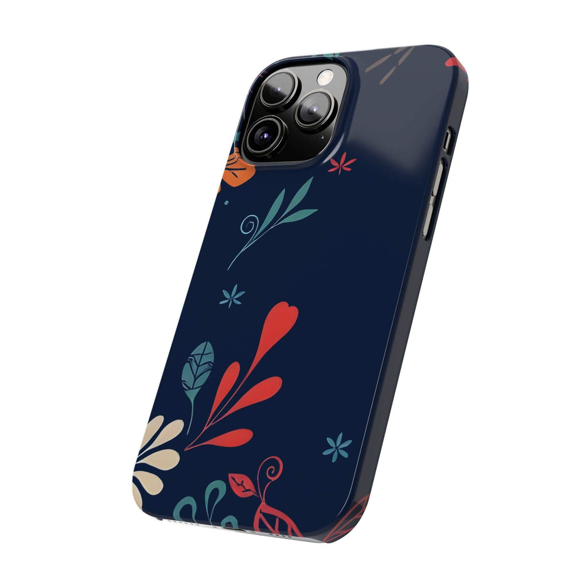 Dark navy floral phone case angled view with red heart and teal flower accents