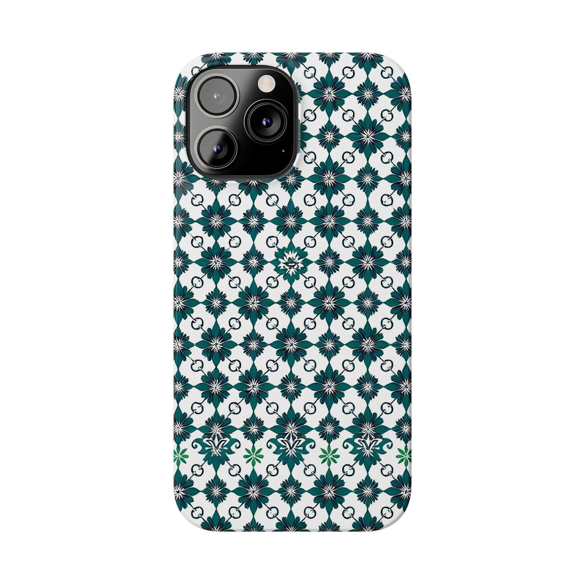 Phone case with teal-green geometric floral repeat on white and camera cutouts.