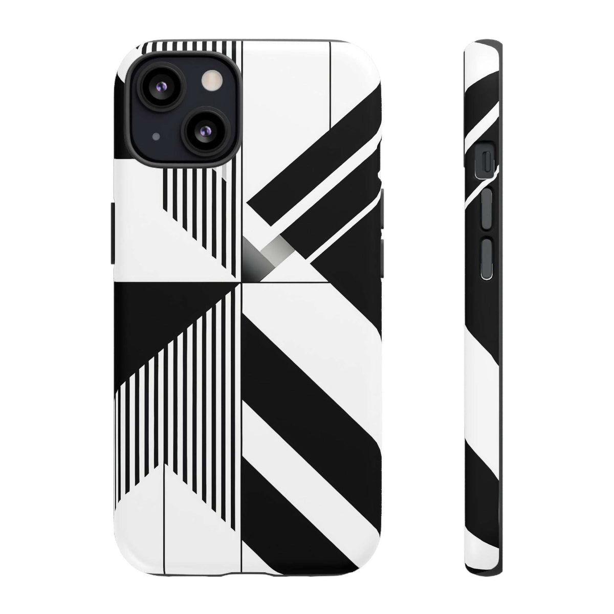 Monochrome tough phone case, black-and-white geometric design, triple-lens camera openings