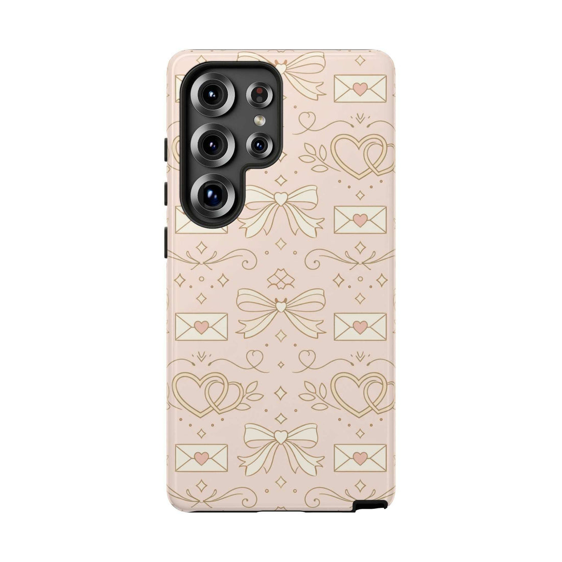 Light pink tough phone case with gold hearts, bows, and envelope pattern; camera cutouts