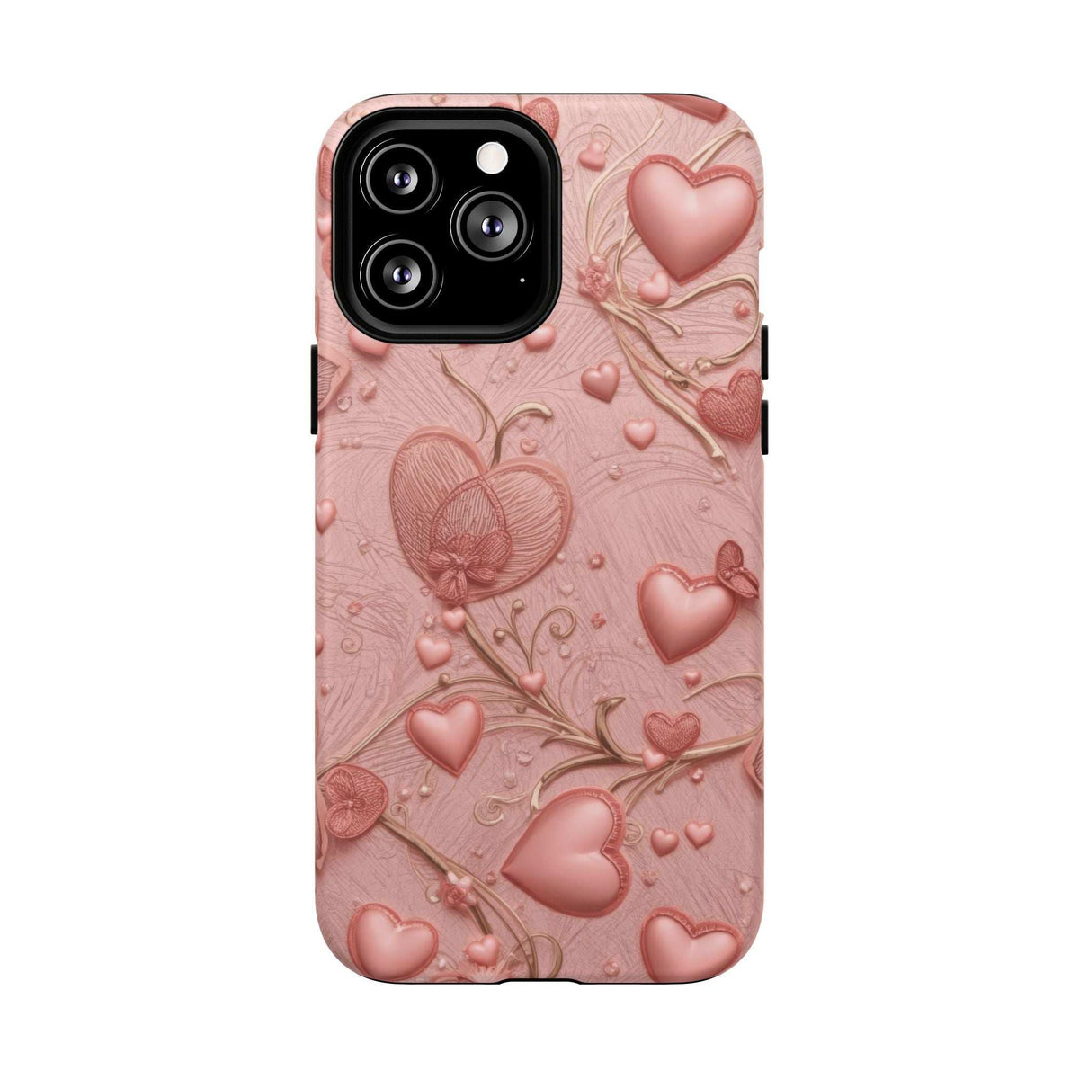 iPhone 13-17 phone case with pink heart pattern, raised design and lens openings