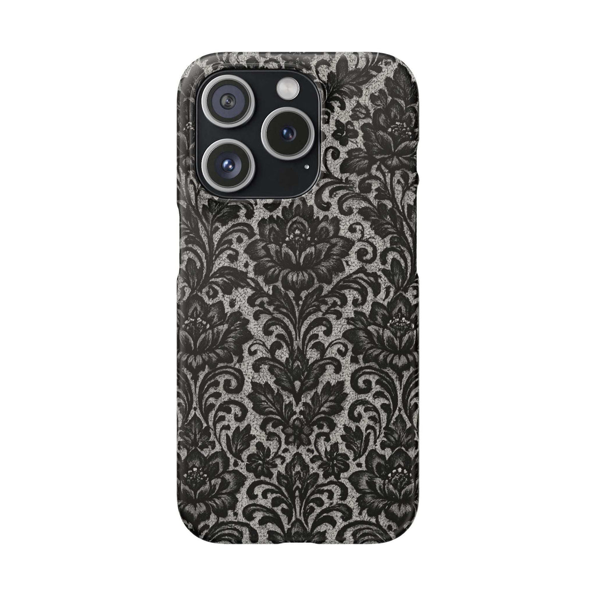 Black damask floral phone case with multi-lens camera cutout housing