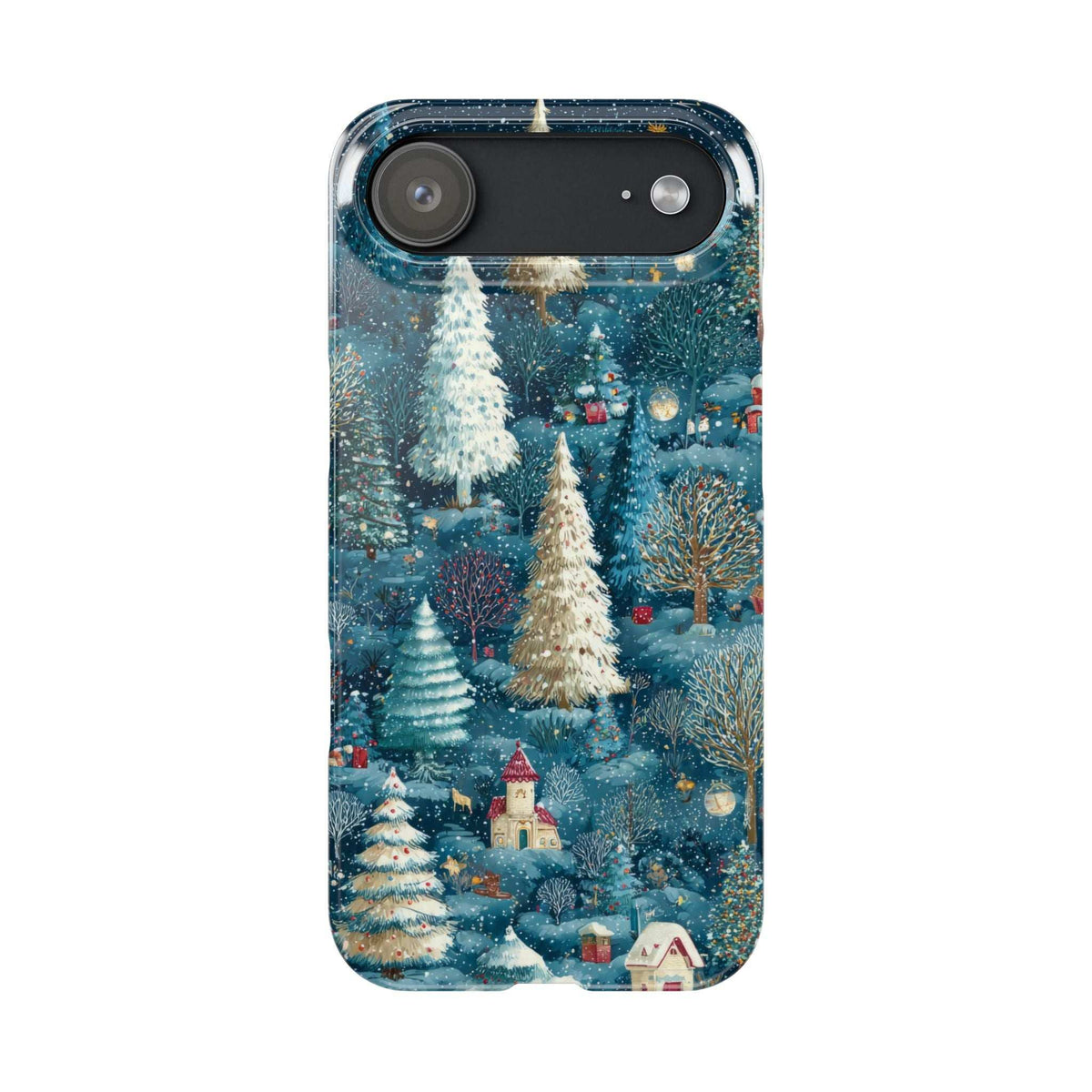 Blue winter forest phone case back with large camera cutout and snowy evergreen pattern