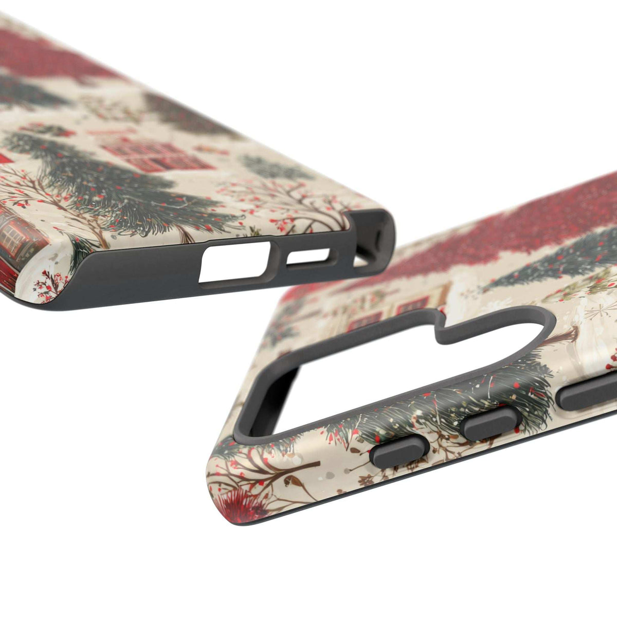 Winter village phone case side profile with button cutouts and port opening