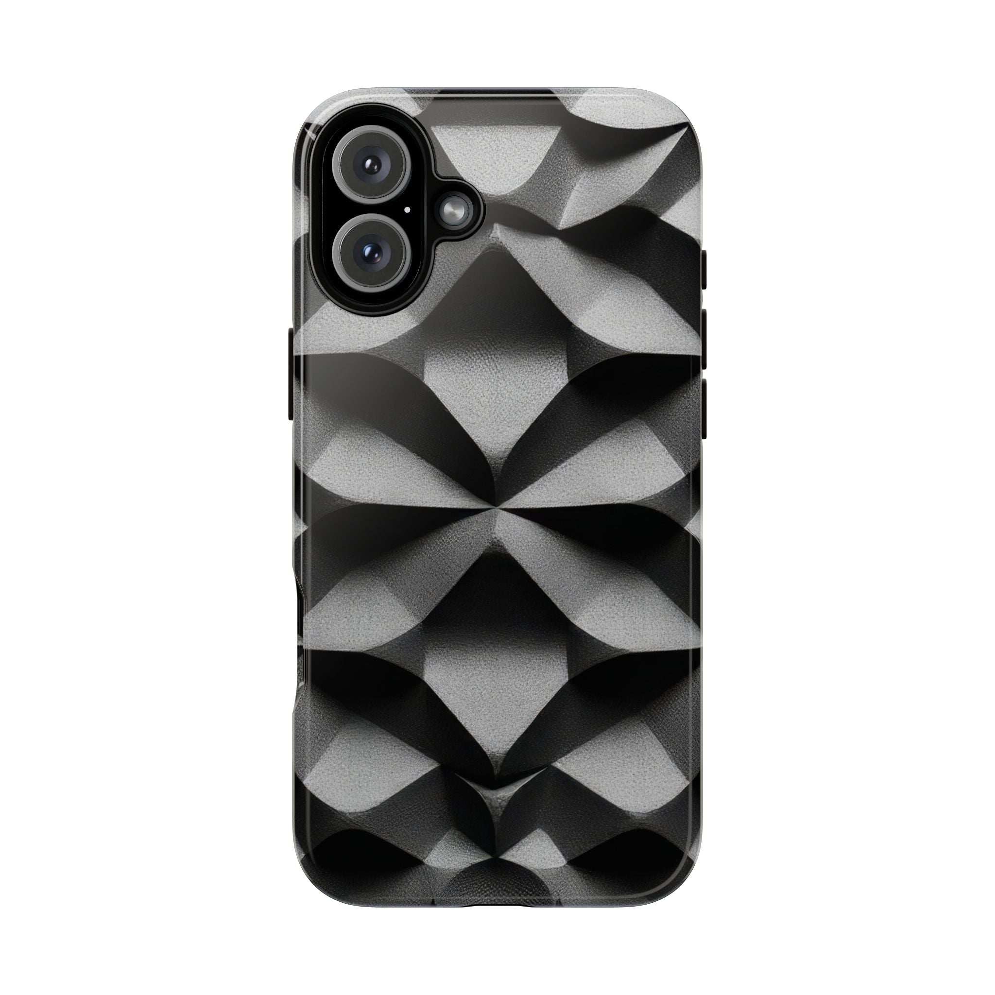 Rugged phone case with black and gray geometric design; raised camera area and cutouts