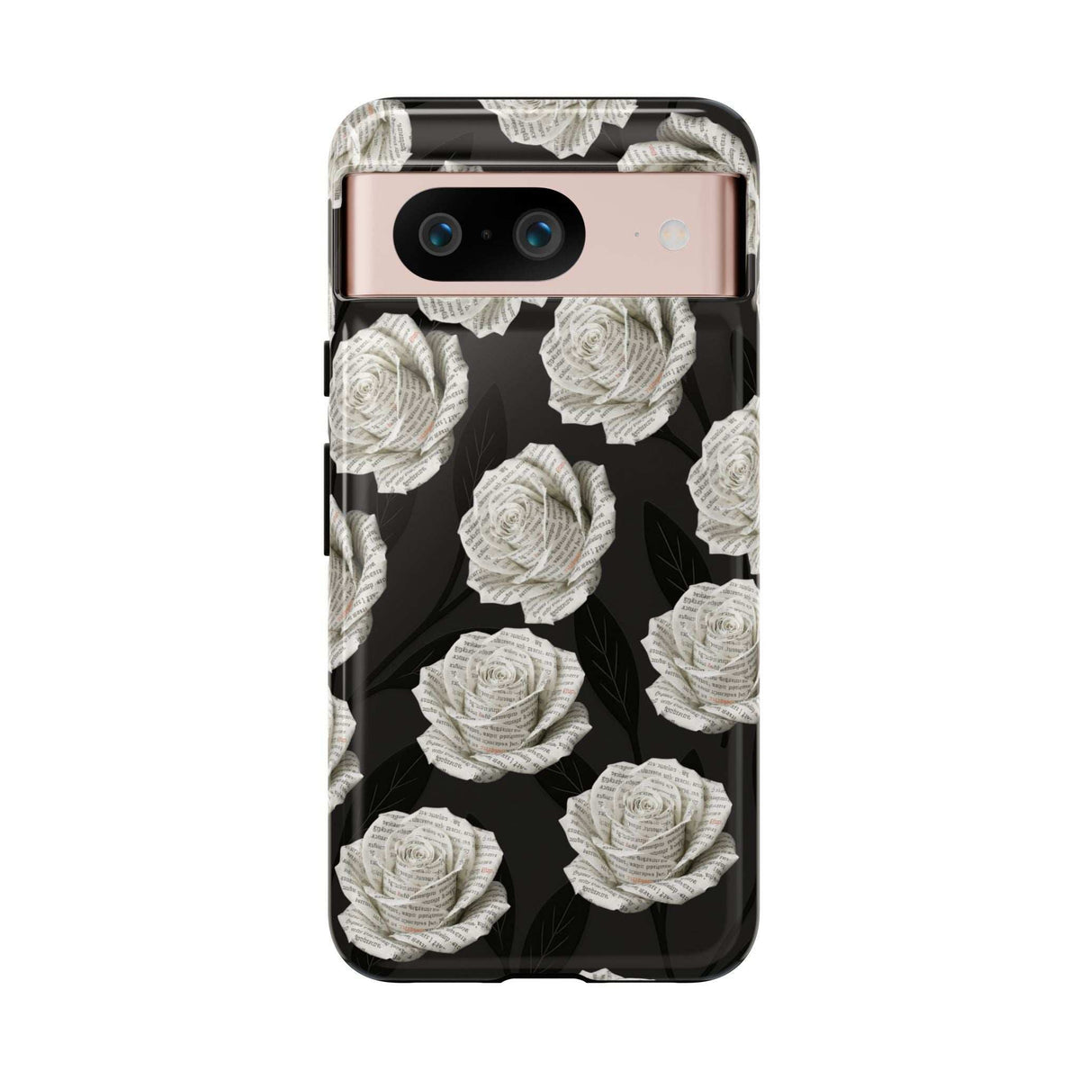 Phone case back with black-and-white rose print, close-up of dual camera lenses.