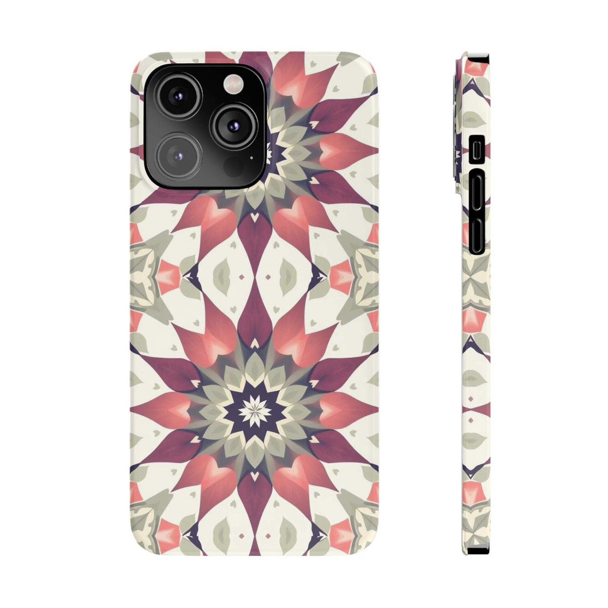 Smartphone phone case front view with burgundy and navy geometric mandala pattern
