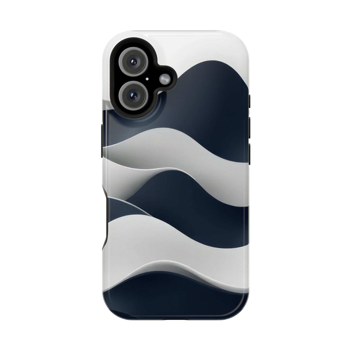 Glossy phone case with blue-and-white wave pattern and camera cutouts along edge