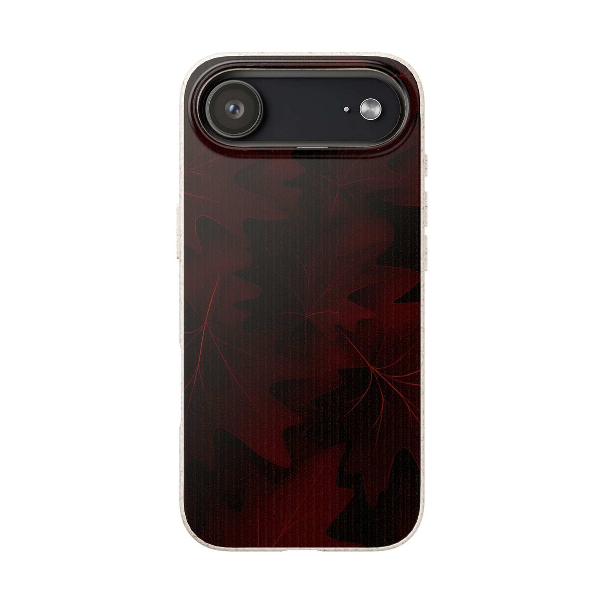 Phone case with dark red leaf pattern, beige rim, top camera slot cutout