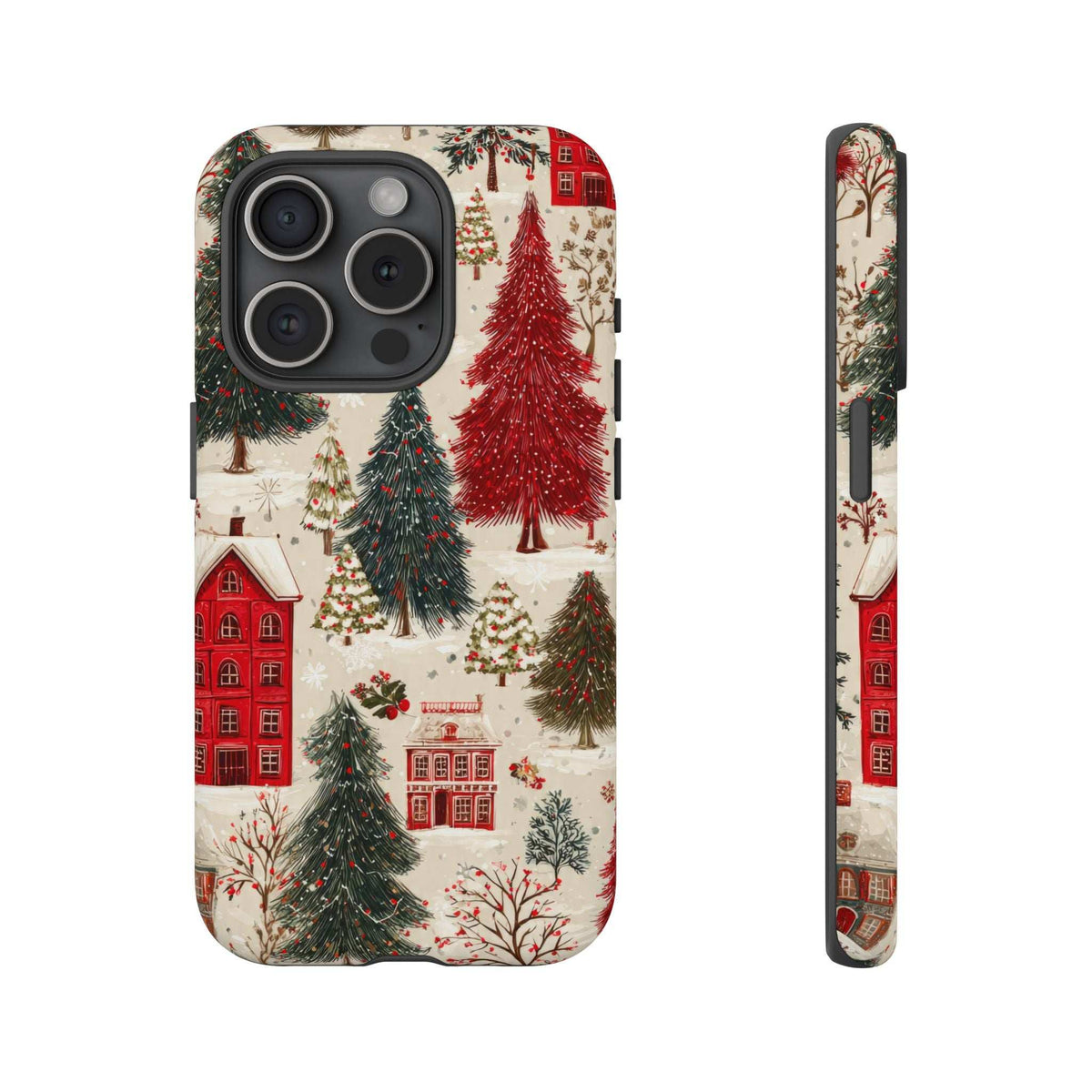 Winter village phone case with red buildings, pine trees, and snowy background; camera cutouts