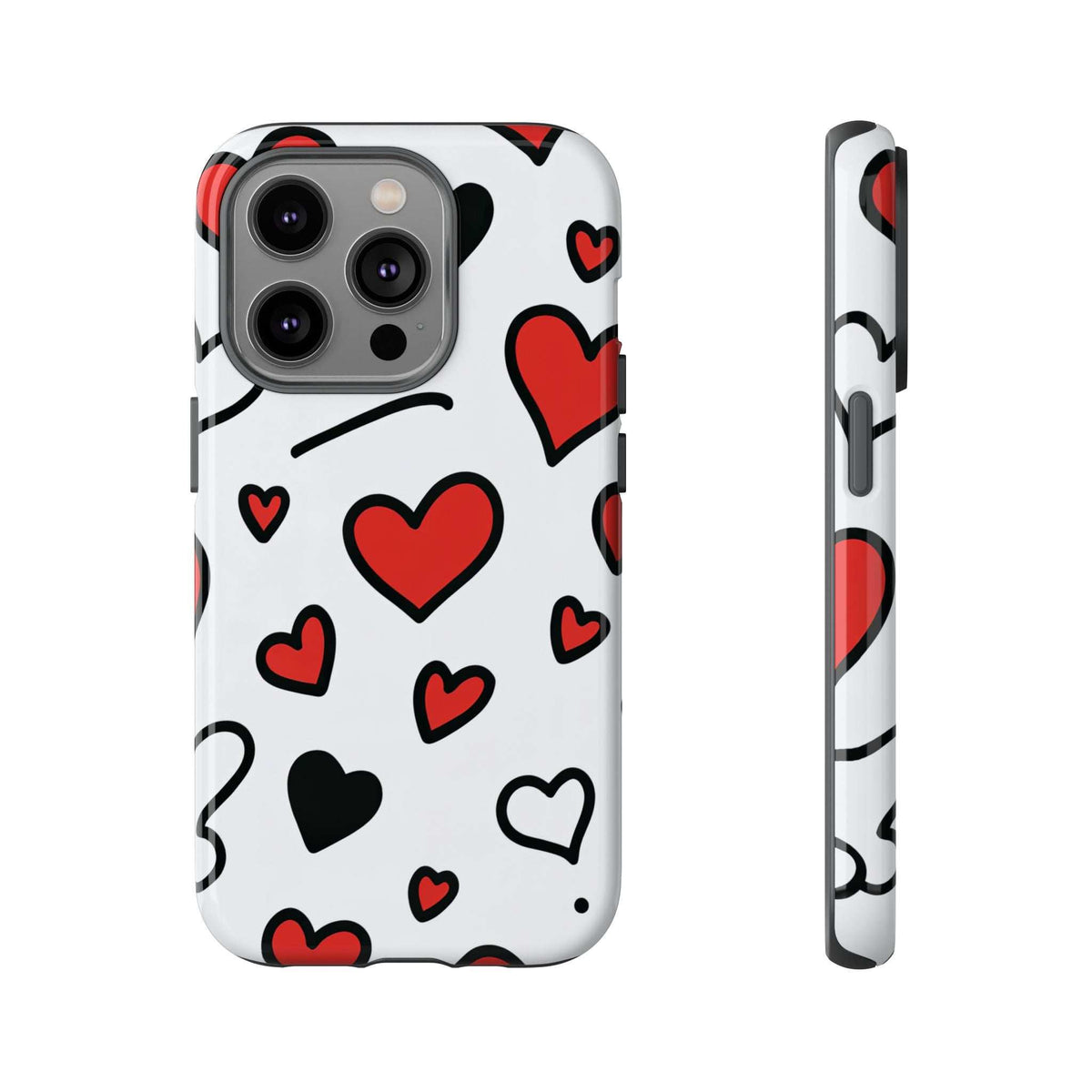White hearts phone case with red and black heart icons, shows camera lenses and side edge