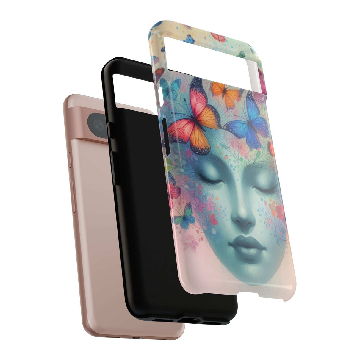 Phone case with teal face and butterfly pattern, angled stacked display with phone behind it.