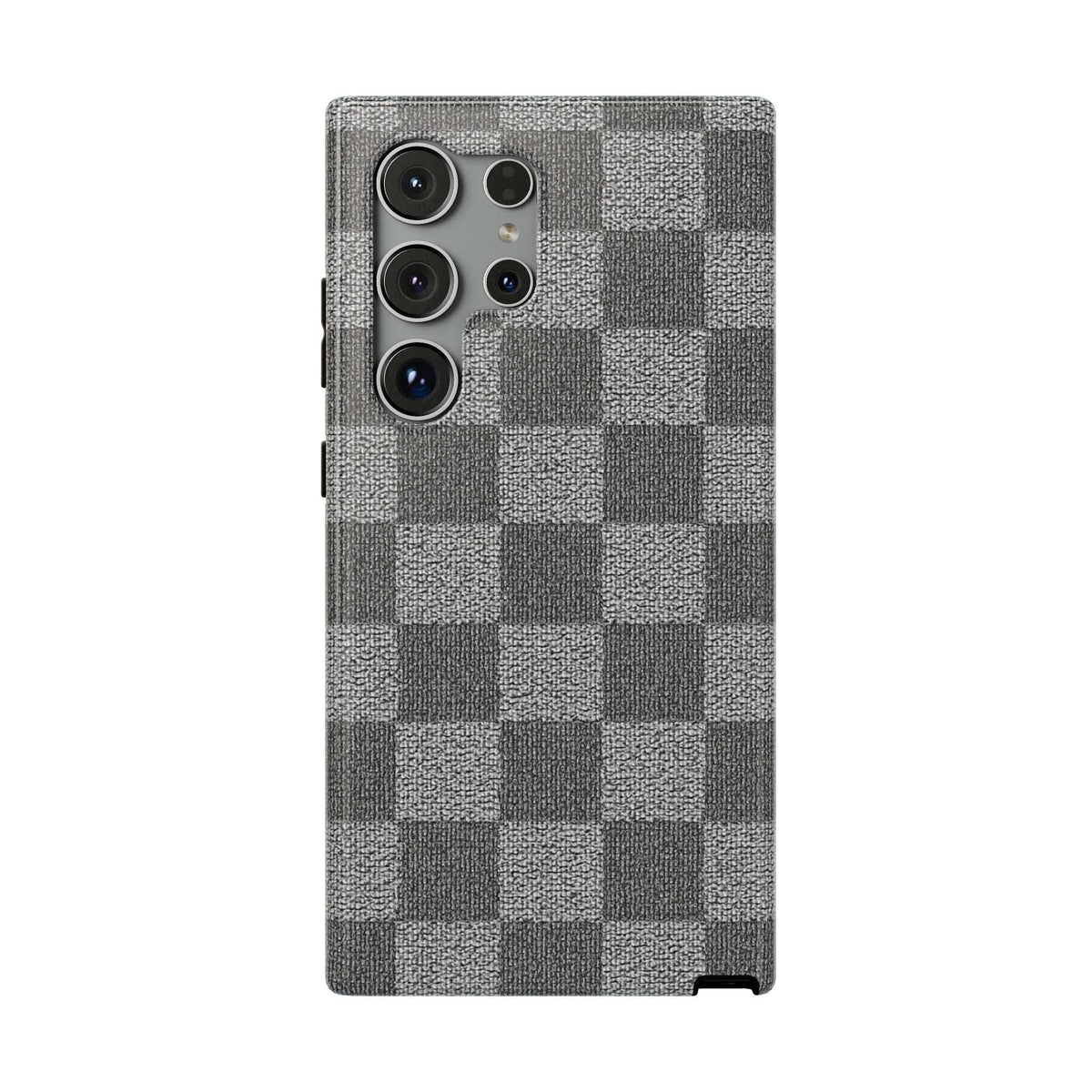Gray checkered phone case with textured fabric and quad camera cutouts on rear.