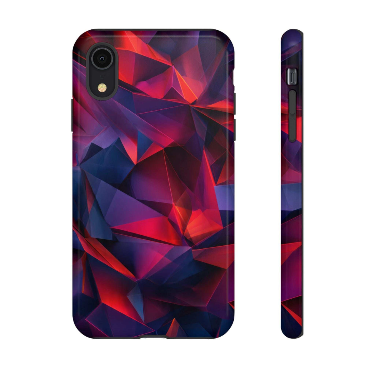 Glossy crystalline prism phone case front with camera cutouts, red blue faceted design