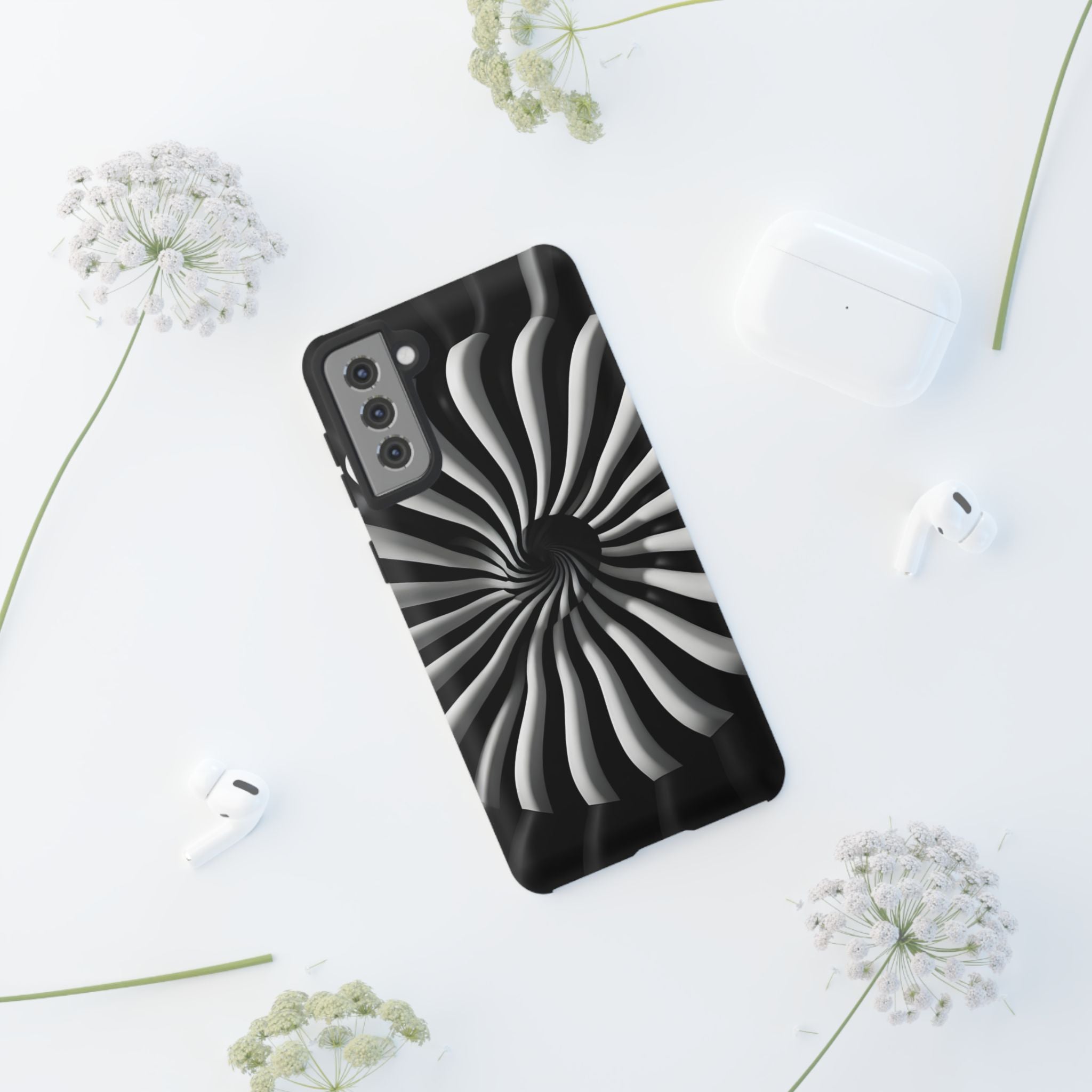 Hypnotic Black and White Spiral Phone Case – Optical Illusion Design for iPhone & Galaxy