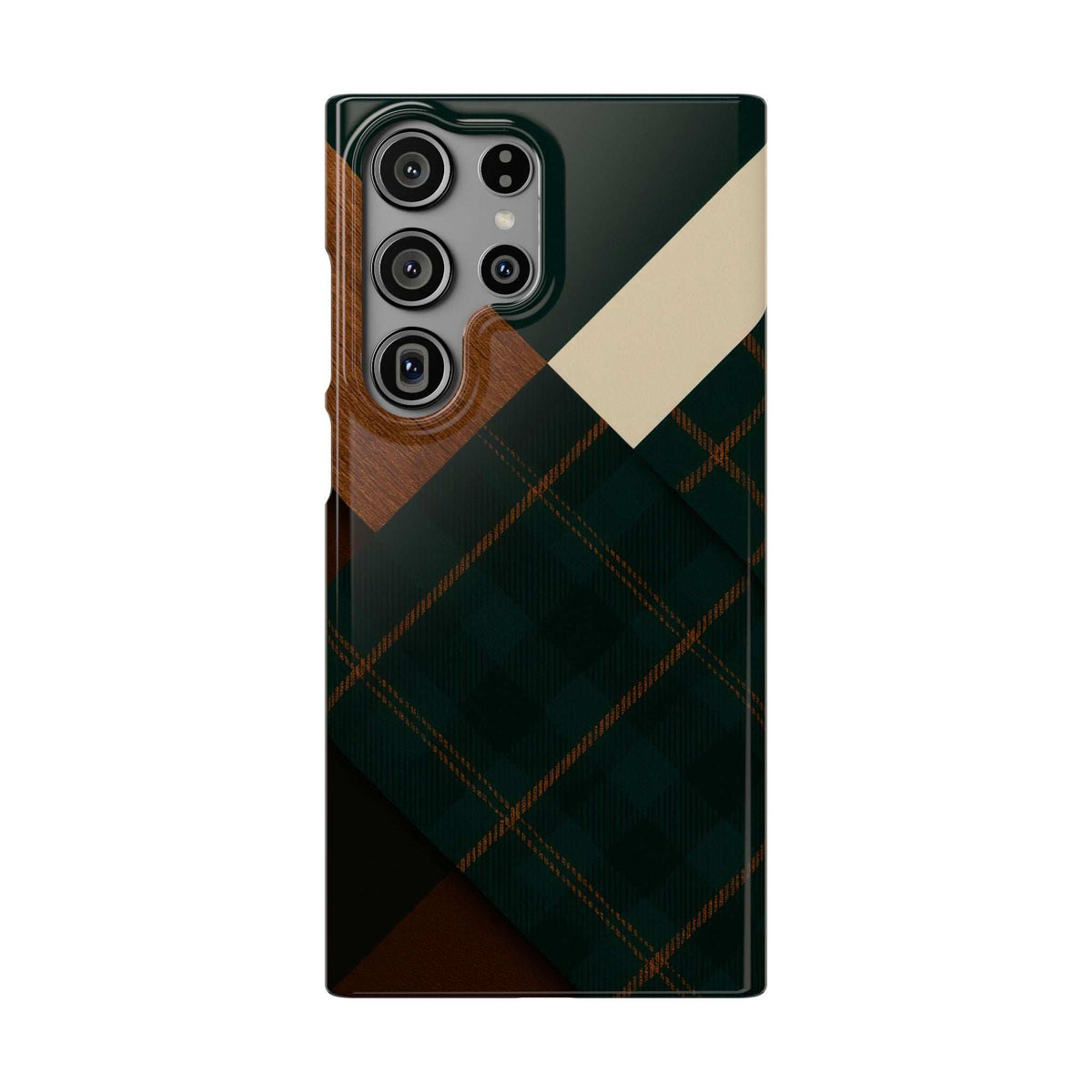 Green plaid phone case with tan diagonal stripe and brown patch, four-lens camera module cutout