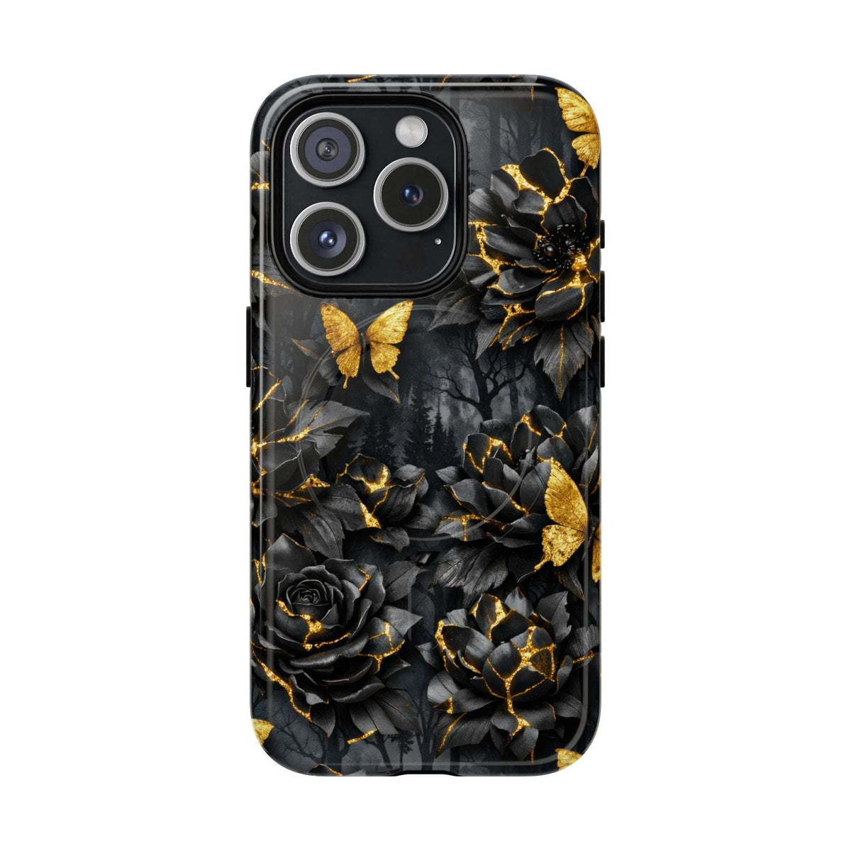 Phone case with black roses and gold butterfly motifs, with golden crack accents