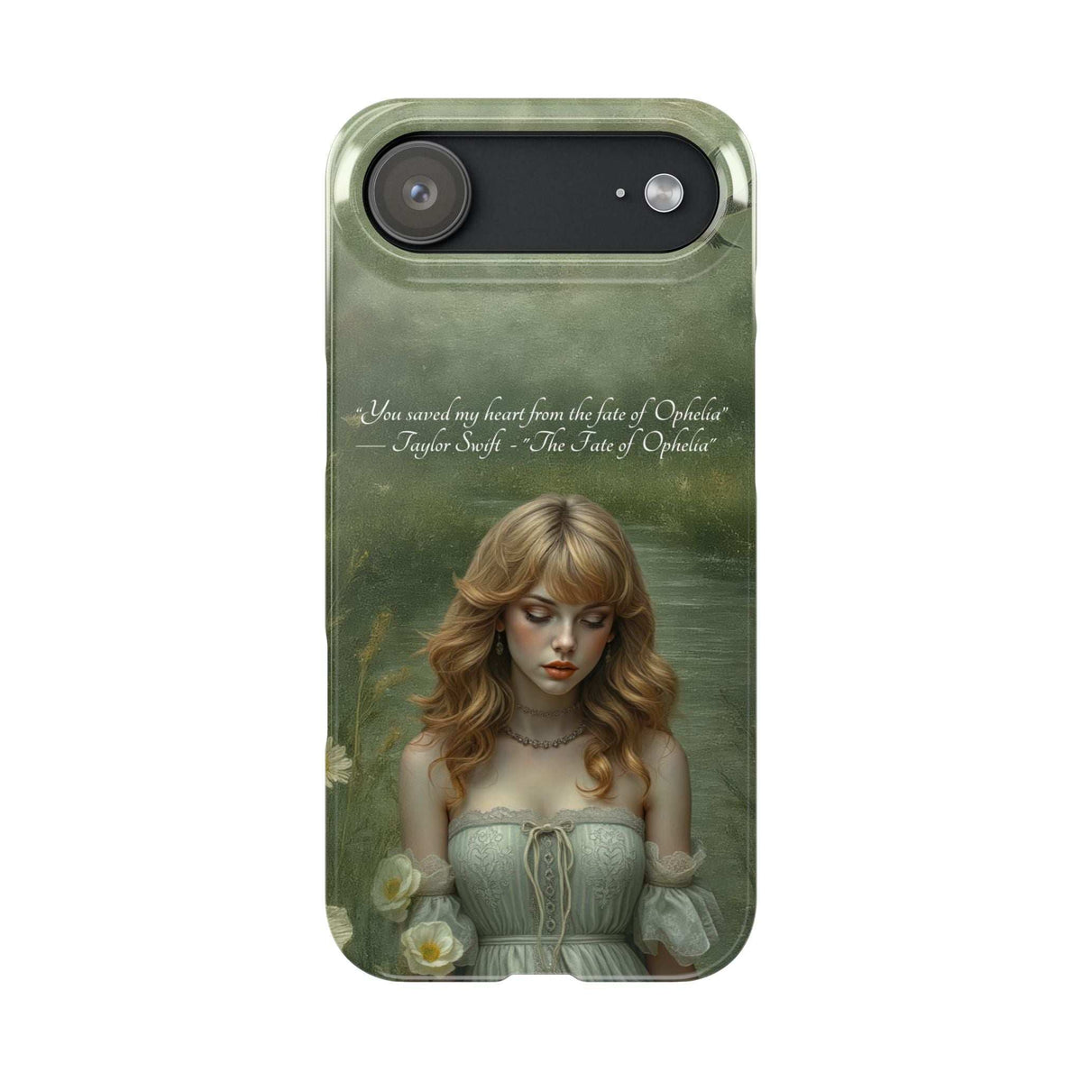 Green phone case with blonde portrait, dark camera area, bird detail, and openings.