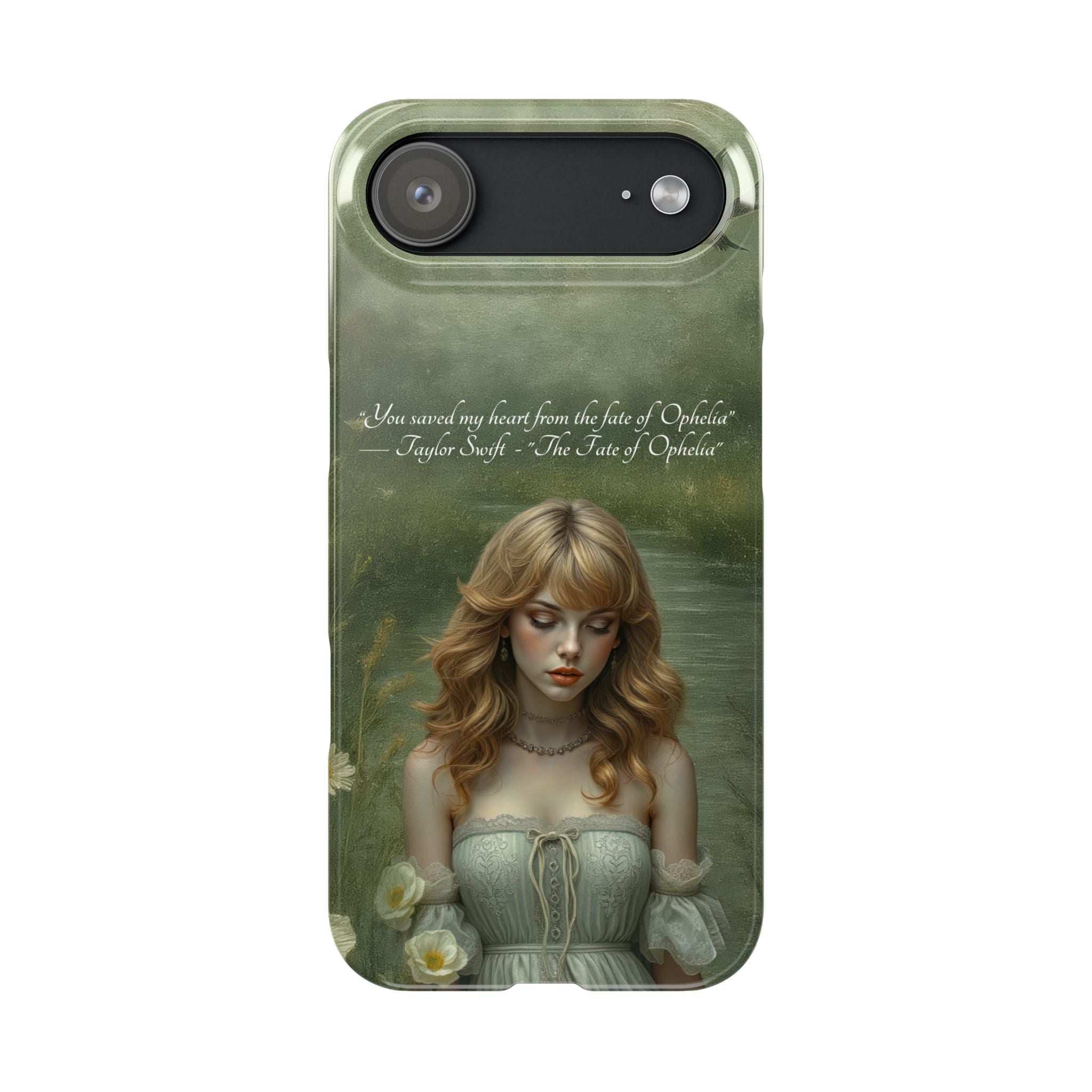 Green phone case with blonde portrait, dark camera area, bird detail, and openings.