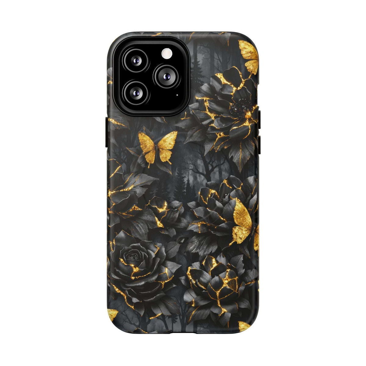 Black iPhone phone case with gold butterfly, roses, and cracked-gold kintsugi look