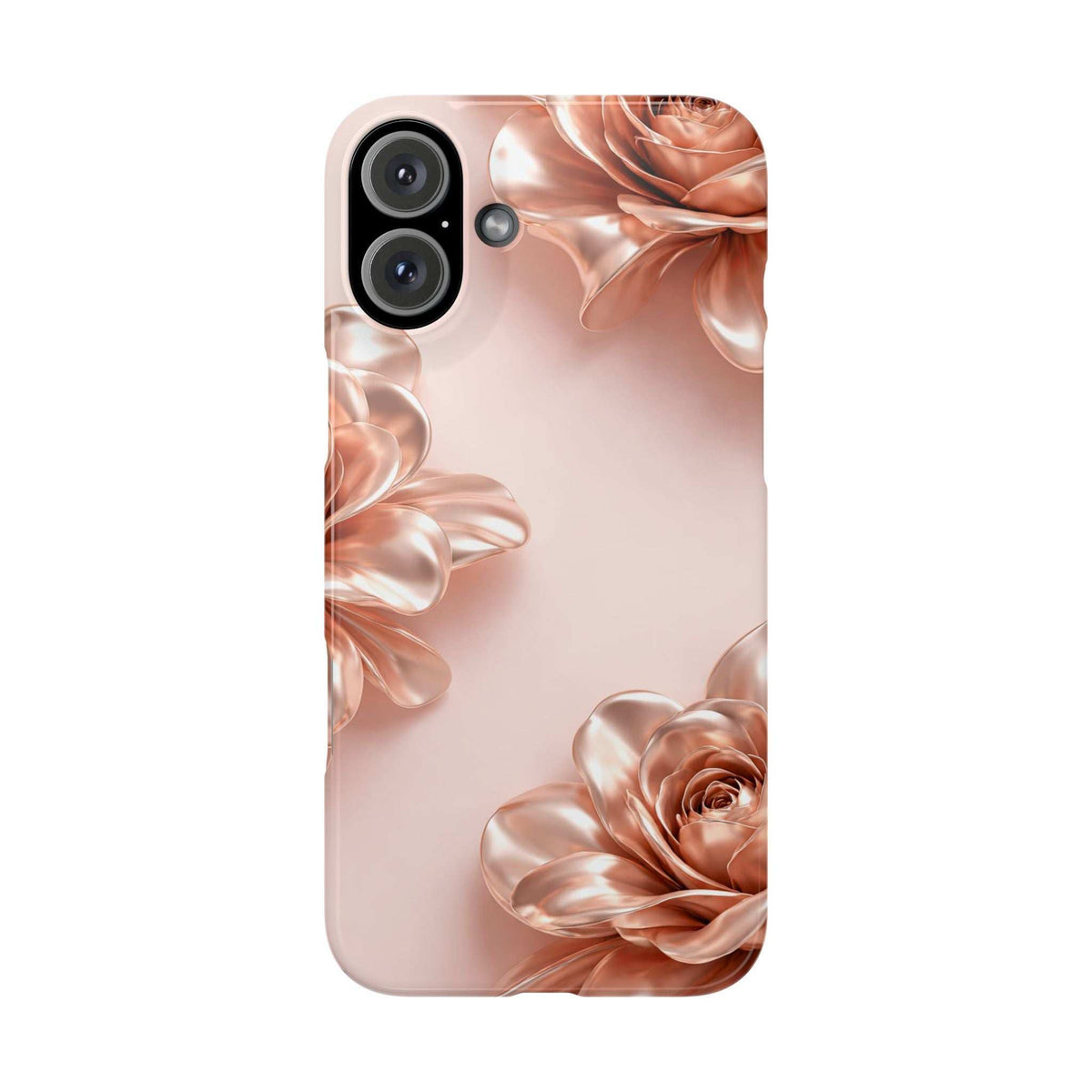 Blush pink iPhone case with metallic floral rose pattern and cutout for camera.