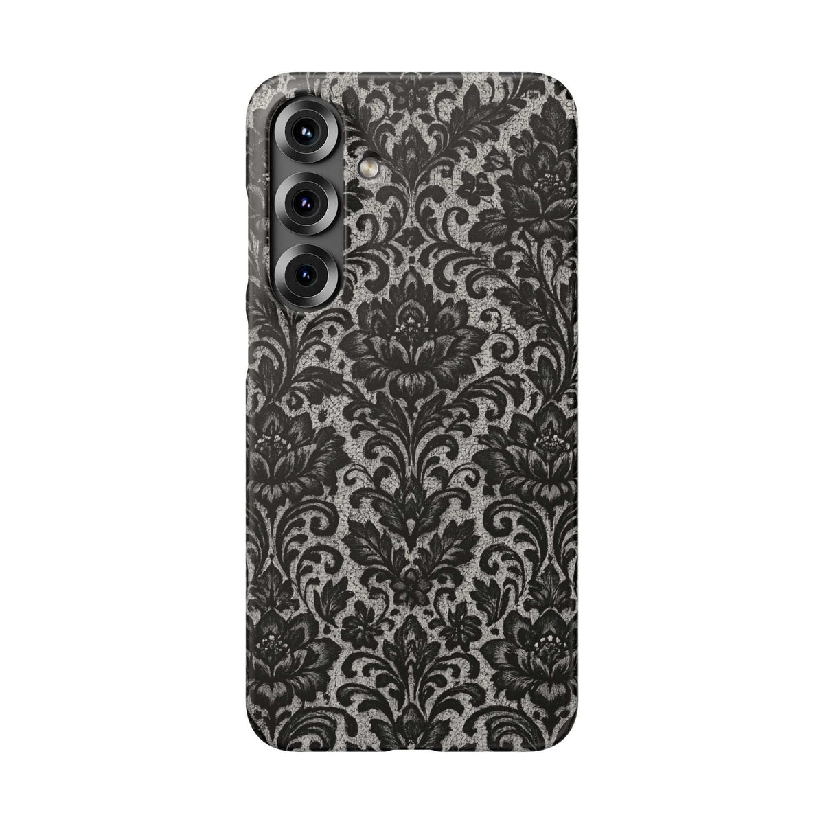 Black damask floral phone case with camera cutouts, centered front view